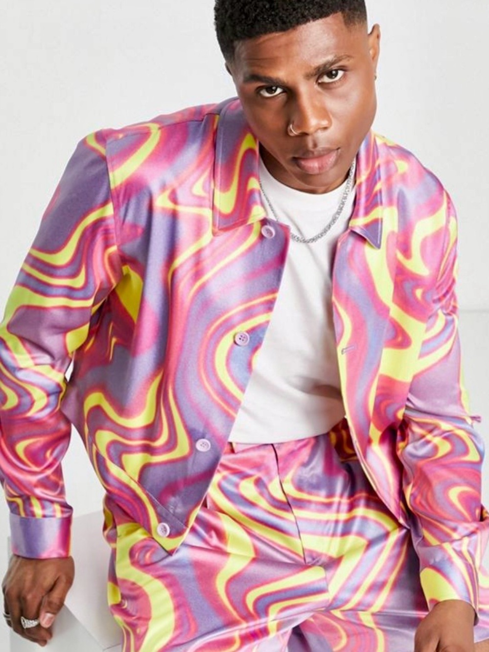 ASOS Unisex Bold Button-Up Satin Jacket in Yellow & Pink Swirls